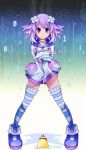  1girl absurdres blush choker crossed_arms d-pad dated gunbuster_pose hair_ornament highres looking_at_viewer neptune_(choujigen_game_neptune) neptune_(series) pudding purple_hair sapusakti short_hair smile solo striped striped_legwear thigh-highs violet_eyes zettai_ryouiki 