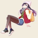  1girl :o backpack bag beanie black_hair blue_eyes from_side full_body hat highres jacket legwear_under_shorts long_hair looking_at_viewer original pantyhose scarf shorts socks_over_pantyhose solo solvalou 
