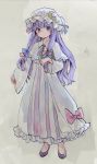  1girl ama-tou capelet coat crescent dress hair_ribbon hat highres long_hair long_sleeves looking_at_viewer mob_cap open_clothes open_coat patchouli_knowledge purple_hair ribbon solo striped striped_dress touhou tress_ribbon very_long_hair violet_eyes wide_sleeves 