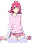  1girl aida_mana akinbo_(hyouka_fuyou) bow dokidoki!_precure flipped_hair half_updo long_sleeves looking_at_viewer panties pantyshot pantyshot_(sitting) pink_bow pink_eyes pink_hair precure shirt sitting skirt smile solo striped striped_shirt thigh-highs underwear wariza 