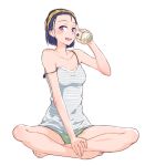  1girl barefoot beer_can blue_hair blush camisole hairband highres indian_style looking_at_viewer open_mouth original short_hair shorts sitting solo solvalou strap_slip violet_eyes white_background 