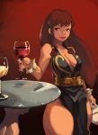  1girl alcohol alternate_costume alternate_hair_length alternate_hairstyle black_dress bracelet braid breasts brown_eyes brown_hair chun-li cleavage commentary cup dress drinking_glass envelope hair_down highres jewelry lips long_hair no_bra pelvic_curtain side_braid smile solo spiked_bracelet spikes street_fighter street_fighter_v thick_thighs thighs vins-mousseux wine wine_glass 