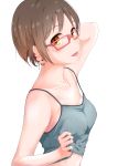  1girl :p brown_hair camisole covered_nipples hand_behind_head highres looking_at_viewer orange_eyes original pink-framed_glasses shirt_lift short_hair solo solvalou strap_gap tongue tongue_out upper_body white_background 
