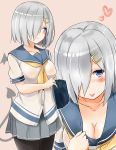  1girl :p absurdres black_legwear blue_eyes blush breasts buttons cleavage demon_tail demon_wings grey_skirt hair_ornament hair_over_one_eye hairclip hamakaze_(kantai_collection) heart highres kantai_collection large_breasts looking_away mini_wings multiple_views neckerchief no_gloves pleated_skirt saku_(kudrove) school_uniform serafuku short_hair silver_hair simple_background skirt tail tongue tongue_out wings 