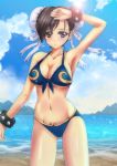 1girl :o absurdres adapted_costume arm_up armpits bikini black_hair blush breasts brown_eyes bun_cover chun-li cleavage clouds front-tie_top highres lens_flare looking_at_viewer navel saw_(artist) shiny shiny_skin short_hair sky solo standing street_fighter sun swimsuit 