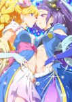  2girls asahina_mirai black_hat blonde_hair blue_background blue_bow bow braid bridal_gauntlets cowboy_shot crown_braid cure_magical cure_miracle earrings eye_contact from_below hat izayoi_liko jewelry long_hair looking_at_another magical_girl mahou_girls_precure! midriff mini_hat mini_witch_hat multiple_girls pink_bow pink_hat ponytail precure purple_hair sapphire_style sash skirt smile sparkle violet_eyes witch_hat yuto_(dialique) 