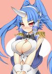  1girl blue_hair blush breasts cleavage cleavage_cutout commentary_request duel_monster epaulettes heart heart-shaped_pupils highres horns large_breasts looking_at_viewer midriff navel performapal_corn red_eyes satsujinki_(artist) solo symbol-shaped_pupils twintails yuu-gi-ou yuu-gi-ou_arc-v 
