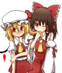  2girls ascot blonde_hair blush bow brown_hair detached_sleeves flandre_scarlet hair_bow hakurei_reimu hat hat_ribbon highres kumo_(atm) mob_cap multiple_girls one_eye_closed playing_with_another&#039;s_hair puffy_short_sleeves puffy_sleeves red_bow red_eyes red_skirt ribbon ribbon-trimmed_sleeves ribbon_trim short_sleeves shy side_ponytail simple_background skirt smelling_hair sweatdrop touhou wavy_mouth white_background wings yuri 