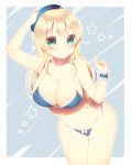  1girl atago_(kantai_collection) beret bikini blonde_hair breasts cleavage engawa_(l__sv) hat kantai_collection large_breasts leaning_forward long_hair solo standing swimsuit 