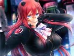  1girl blood blood_on_face bloody_clothes blue_eyes bow breasts chainsaw glasses gloves grin headgear kibanohara_ethica large_breasts long_hair looking_at_viewer redhead sea_(pixiv7374844) smile solo tokyo_necro upper_body vest 