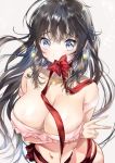  1girl bare_shoulders black_hair blue_eyes blush breast_hold breasts cleavage frills hair_ornament large_breasts long_hair mouth_hold navel ribbon simple_background solo v white_background yan&#039;yo_(yan&#039;yan&#039;yo) 