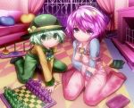  2girls adapted_costume alternate_costume blush board_game checkered chess chess_piece couch eyeball floral_print full_body green_eyes green_hair hat hat_ribbon heart heart_pillow kneeling komeiji_koishi komeiji_satori long_sleeves looking_at_viewer multiple_girls overalls pillow purple_hair ribbon saodake shirt short_hair siblings sisters sitting strap_slip string third_eye touhou violet_eyes 