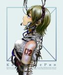  1girl android bangs blonde_hair blue_background blue_eyes border cable character_name cyberpunk damaged earphones eyelashes from_side headset itou kagamine_rin makeup number open_mouth pink_lips profile ribs russian short_hair sleeveless solo spine swept_bangs tattoo translation_request upper_body vocaloid 