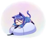  1girl :3 =_= animal_ears blue_hair blush_stickers cat_ears cat_tail computer_mouse hair_ornament hairclip idolmaster idolmaster_dearly_stars kemonomimi_mode lying minigirl mizutani_eri nanaran short_hair sleeping solo tail thigh-highs 