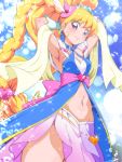  1girl armpits arms_up asahina_mirai blonde_hair bow braid commentary_request cowboy_shot cure_miracle earrings hat jewelry long_hair looking_at_viewer magical_girl mahou_girls_precure! mini_hat mini_witch_hat navel pink_bow pink_hat ponytail precure sapphire_style sash shiny shiny_skin skirt smile solo sparkle tj-type1 violet_eyes witch_hat 