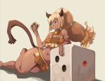  1girl animal_ears barefoot bell bell_choker big_hair blue_eyes blush bob_cut breasts card cat_ears cat_tail choker cleavage dark_skin dice ecaflip full_body highres long_hair lying navel on_side oversized_object pelvic_curtain ponytail solo tail thick_thighs thighs vins-mousseux wakfu 