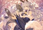  1girl animal_ears bare_shoulders breasts cherry_blossoms cleavage fan folding_fan fox_ears fox_tail hair_between_eyes hair_ornament halterneck holding japanese_clothes kanzashi long_hair looking_at_viewer multiple_tails o-ring_top off_shoulder original pixiv_fantasia pixiv_fantasia_t saberiii silver_hair smile solo tail violet_eyes whisker_markings wide_sleeves 