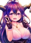  1girl :d antenna_hair black_gloves breasts cleavage danua double_v fingerless_gloves gloves granblue_fantasy horns large_breasts long_hair looking_at_viewer open_mouth pointy_ears purple_hair smile solo v yamada_(sakuma_drops) 