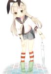  1girl alternate_costume blonde_hair boots bracelet engawa_(l__sv) green_eyes hairband jewelry kantai_collection kneehighs long_hair rubber_boots shimakaze_(kantai_collection) short_shorts shorts solo striped striped_legwear umbrella 