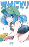  1girl :d bare_shoulders blue_eyes blue_hair blush breasts cleavage collarbone flat_cap green_hat grin hair_bobbles hair_ornament hat highres kagachan kawashiro_nitori looking_at_viewer open_mouth school_swimsuit sidelocks simple_background smile solo swimsuit teeth touhou twintails water_drop water_gun white_background 