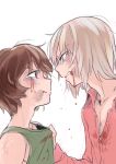  2girls absurdres akiyama_yukari angry aomushi_(mushamusha) blood brown_eyes brown_hair bruise dress_shirt face-to-face girls_und_panzer glaring grabbing grimace height_difference highres injury itsumi_erika messy_hair multiple_girls portrait shirt short_hair tank_top tearing_up tears 