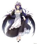  1girl :d aken albedo black_hair breasts cleavage fingernails full_body highres horns long_hair looking_at_viewer maid nail_polish open_mouth overlord_(maruyama) purple_nails sharp_fingernails simple_background smile solo tongue twitter_username white_background yellow_eyes 