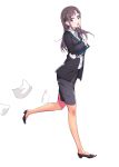  1girl brown_eyes brown_hair coat collared_shirt formal full_body high_heels highres jacket legs long_hair looking_back notebook office_lady open_mouth original pantyhose papers pencil_skirt running shirt skirt skirt_suit solo solvalou suit white_background white_shirt 