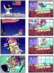 4koma 6+girls @_@ ^_^ ^o^ american_flag arm_up astronaut blonde_hair censored character_request closed_eyes clownpiece comic commentary english fairy_wings falling flying hair_ribbon hat horn hoshiguma_yuugi jester_cap junko_(touhou) moon multiple_4koma multiple_girls novelty_censor nude pantyhose ribbon rock setz stage_curtains star_(sky) statue_of_liberty the_onion torch touhou violet_eyes wings 