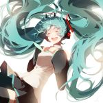 1girl :d aqua_eyes aqua_hair black_legwear black_skirt breasts bright_background closed_eyes detached_sleeves floating_hair hands_on_own_chest hatsune_miku headset highres long_hair necktie open_mouth pleated_skirt saihate_(artist) skirt sleeveless smile solo teeth twintails very_long_hair vocaloid 