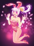  1girl animal_ears bow bowtie bunny_tail bunnysuit cherry_blossoms detached_collar fishnet_pantyhose fishnets floral_print fukusuke_hachi-gou glowing highres jumping long_hair original pantyhose pink_eyes ponytail rabbit_ears solo tail white_hair wrist_cuffs 