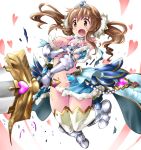  1girl armor blush breasts brown_eyes brown_hair gauntlets granblue_fantasy heart idolmaster idolmaster_cinderella_girls large_breasts open_mouth shirai_sanjirou solo sword thigh-highs torn_clothes totoki_airi twintails weapon 