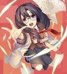  1girl :o bangs bazooka_oiran black-framed_glasses black_hair black_shoes black_skirt blue_eyes blush book brown_vest coat collared_shirt eyebrows eyebrows_visible_through_hair flying_paper full_body fur_trim glasses glowing holding holding_book long_hair long_sleeves necktie open_clothes open_coat open_mouth outstretched_arm palms paper reaching read_or_die red_necktie shirt shoes skirt solo spread_fingers tears white_shirt yomiko_readman 