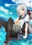  1girl :o ;o black_legwear blue_eyes blue_sky blush breasts clouds eyes_visible_through_hair gloves hair_ornament hair_over_one_eye hairclip hamakaze_(kantai_collection) highres kantai_collection large_breasts looking_at_viewer machinery neckerchief one_eye_closed pantyhose pleated_skirt school_uniform serafuku shirt shoes short_hair silver_hair sitting skirt sky solo torpedo uf_6018 water wet wet_clothes wet_hair wet_shirt white_gloves 