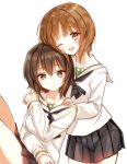  2girls ;d black_hair blush brown_eyes brown_hair commentary_request girls_und_panzer hand_on_another&#039;s_shoulder holding_hands looking_at_viewer multiple_girls neckerchief nishizumi_maho nishizumi_miho one_eye_closed open_mouth pleated_skirt school_uniform serafuku short_hair siblings sisters skirt smile tsukigami_runa 