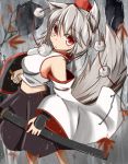  1girl animal_ears autumn_leaves bare_shoulders blush breasts detached_sleeves hat inubashiri_momiji looking_at_viewer looking_up midriff navel open_mouth pom_pom_(clothes) red_eyes shield short_hair silver_hair solo sword tail tendo tokin_hat touhou water waterfall weapon wolf_ears wolf_tail 