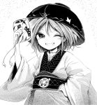  1girl bowl grin hand_on_hip harusame_(unmei_no_ikasumi) japanese_clothes kimono looking_at_viewer miracle_mallet monochrome obi one_eye_closed sash smile solo sukuna_shinmyoumaru touhou upper_body wide_sleeves 