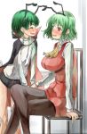  2girls ^_^ antennae ascot blush breasts capelet chair closed_eyes collared_shirt crossed_legs fake_antennae green_hair hairband happy impossible_clothes impossible_vest jewelry kazami_yuuka large_breasts long_sleeves looking_at_another multiple_girls open_mouth pantyhose red_eyes red_skirt red_vest ring shirt short_hair short_shorts shorts sitting skirt skirt_set smile touhou wedding_band white_shirt wriggle_nightbug yohane yuri 