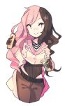  1girl :&gt; belt breasts burrito buttons cleavage coffee food gloves jewelry long_hair long_sleeves multicolored_hair necklace neo_(rwby) rwby sil_(panchuari) sleeve_cuffs solo starbucks 