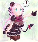  1girl breasts choker demon_tail dress flower gloves gothic_lolita green_eyes katerina_(rondo_duo) lolita_fashion long_hair pantyhose pink_hair pointing ribbon_choker rondo_duo rose solo tail thorns tinkle_bell very_long_hair 