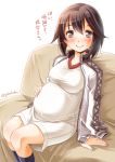  1girl black_hair check_translation couch hayasui_(kantai_collection) highres jacket kantai_collection maternity_dress open_clothes open_jacket pregnant short_hair sitting sogabe_toshinori solo track_jacket translated violet_eyes 