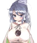  1girl blue_eyes blush breasts hat highres japanese_clothes kariginu large_breasts mononobe_no_futo raised_eyebrow silver_hair solo takashi_(nekoro) tate_eboshi touhou white_background 