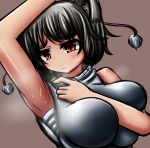  1girl animal_ears armpits blush breast_squeeze breasts commentary_request d-kureta hat inubashiri_momiji large_breasts red_eyes sarashi short_hair silver_hair solo sweat tokin_hat touhou upper_body wolf_ears 