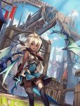  1girl :d arm_at_side armor armored_dress bangs black_gloves black_legwear blue_dress blue_sky breastplate building clouds dark_skin dragon dress dutch_angle eruthika flag gloves granblue_fantasy grass hair_between_eyes highres holding holding_weapon long_hair looking_at_viewer open_mouth outdoors pointing red_eyes short_dress silver_hair sky sleeveless smile solo string sword the_order_grande thigh-highs tower weapon white_hair 