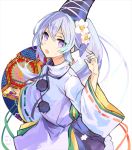  1girl artist_name blush border dated flower hair_flower hair_ornament hat long_hair long_sleeves looking_at_viewer mononobe_no_futo open_mouth pom_pom_(clothes) ponytail ribbon shirt silver_hair skirt solo sweatdrop tate_eboshi tori_(10ri) touhou turtleneck upper_body violet_eyes white_background wide_sleeves 