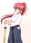  1girl blue_eyes diesel-turbo hakama japanese_clothes long_hair lyrical_nanoha mahou_shoujo_lyrical_nanoha pink_hair ponytail shinai signum solo sword weapon 