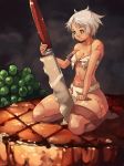  1girl armlet bare_shoulders blue_eyes breasts cleavage commentary food highres kneeling knife minigirl navel original pelvic_curtain planted_knife planted_weapon scar short_hair silver_hair solo steak thick_thighs thighs very_short_hair vins-mousseux weapon 