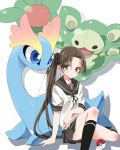  1girl amaura ayanami_(kantai_collection) black_legwear blush brown_eyes brown_hair commentary_request crossover hair_ribbon highres kantai_collection kneehighs long_hair mtu_(orewamuzituda) neckerchief pleated_skirt poke_ball pokemon pokemon_(creature) reuniclus ribbon school_uniform serafuku side_ponytail sitting skirt smile very_long_hair 