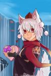  1girl alternate_color animal_ears box denis_(winterwolf38) detached_sleeves fang gift gift_box hat inubashiri_momiji looking_at_viewer red_eyes red_scarf scarf short_hair silver_hair solo tail tokin_hat touhou valentine water waterfall wolf_ears wolf_tail 