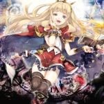  1girl :d bangs black_legwear blonde_hair blue_eyes blunt_bangs book cagliostro_(granblue_fantasy) cape crown fang floating_book floating_object gears granblue_fantasy grimoire hand_on_own_face long_hair looking_at_viewer open_book open_mouth roman_numerals shoes shunatsu_(shisui) skirt smile solo standing_on_one_leg thigh-highs very_long_hair zettai_ryouiki 