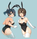  2girls animal_ears ass back bare_shoulders black_hair blue_eyes breasts brown_eyes brown_hair bunnysuit cleavage detached_collar elbow_gloves fake_animal_ears gloves hand_on_own_chest highres hiryuu_(kantai_collection) kanabun kantai_collection leotard looking_back multiple_girls one_side_up rabbit_ears short_hair side_ponytail souryuu_(kantai_collection) thigh-highs twintails white_gloves white_legwear 